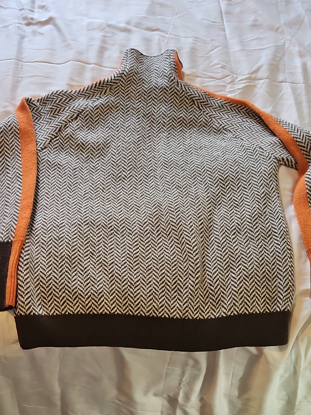Womens Herringbone Knit Turtleneck Sweater in Brown & White with Orange Trim